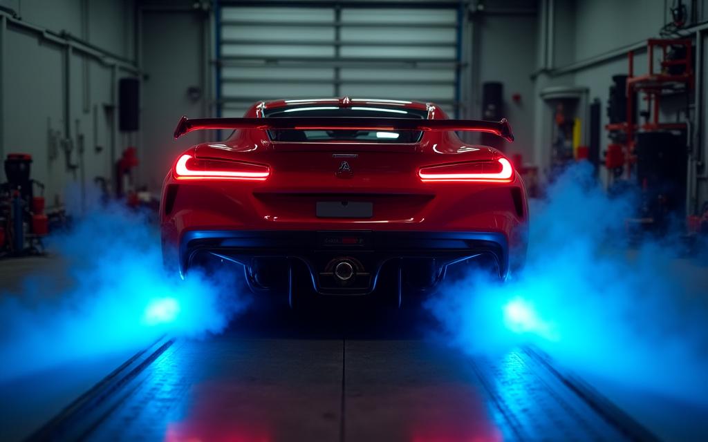 Sportauto met vlammen uit de uitlaat op een testbank